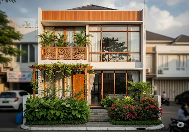 Rumah dengan Unsur Kayu dan Kaca/Rumah Sederhana 2 Tingkat Lahan Sempit (gemini.com)