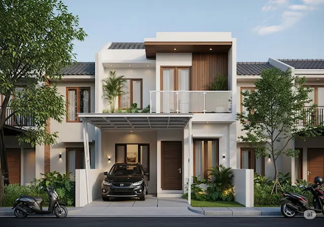 Rumah dengan Balkon dan Carport/Rumah Sederhana 2 Tingkat Lahan Sempit (gemini.com)